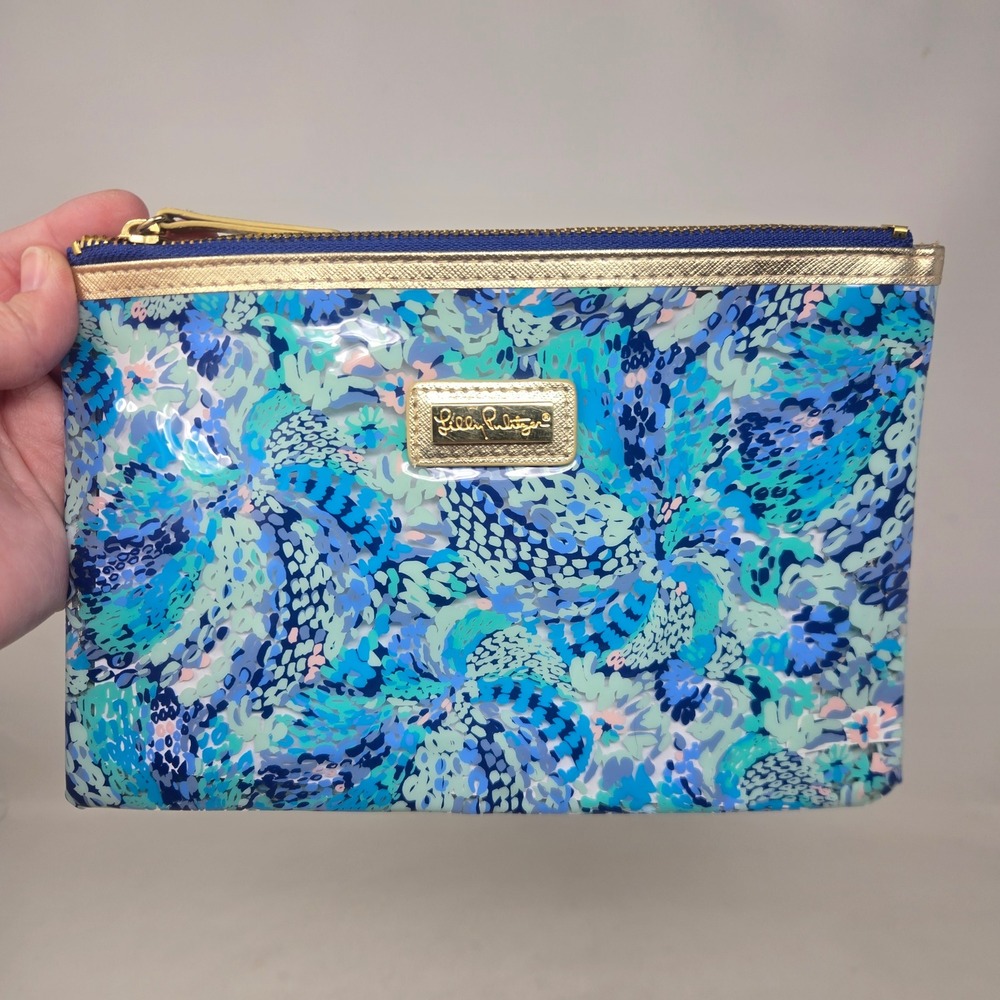 Lilly Pulitzer Blue Green Floral Glossy Cosmetic Makeup Pouch Gold Trim Pouch